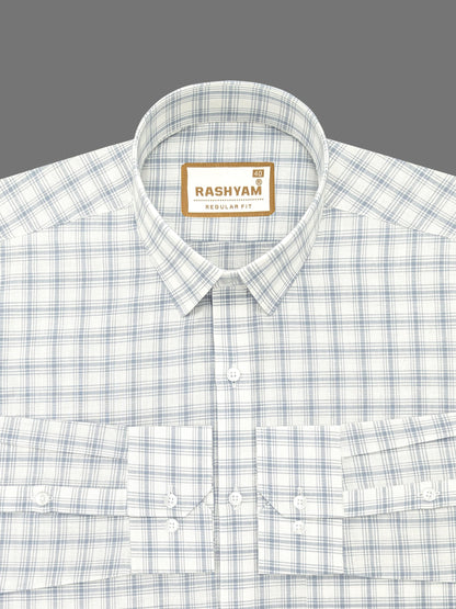 Luxurious Italian Linen Cotton White With Blue Checks Formal Shirt for men