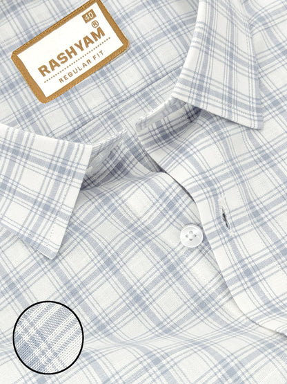 Luxurious Italian Linen Cotton White With Blue Checks Formal Shirt for men