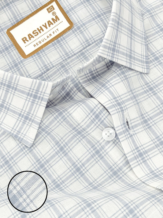 Luxurious Italian Linen Cotton White With Blue Checks Formal Shirt for men