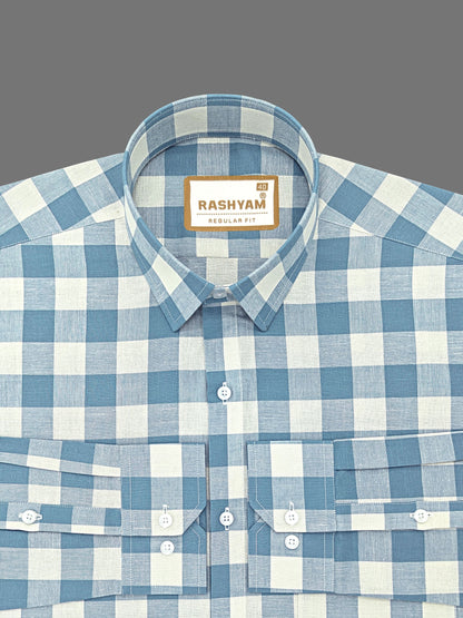 Luxurious Italian Linen Cotton Blue With Light Creamy Checks Formal Shirt