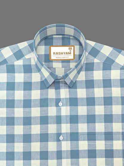 Luxurious Italian Linen Cotton Blue With Light Creamy Checks Formal Shirt