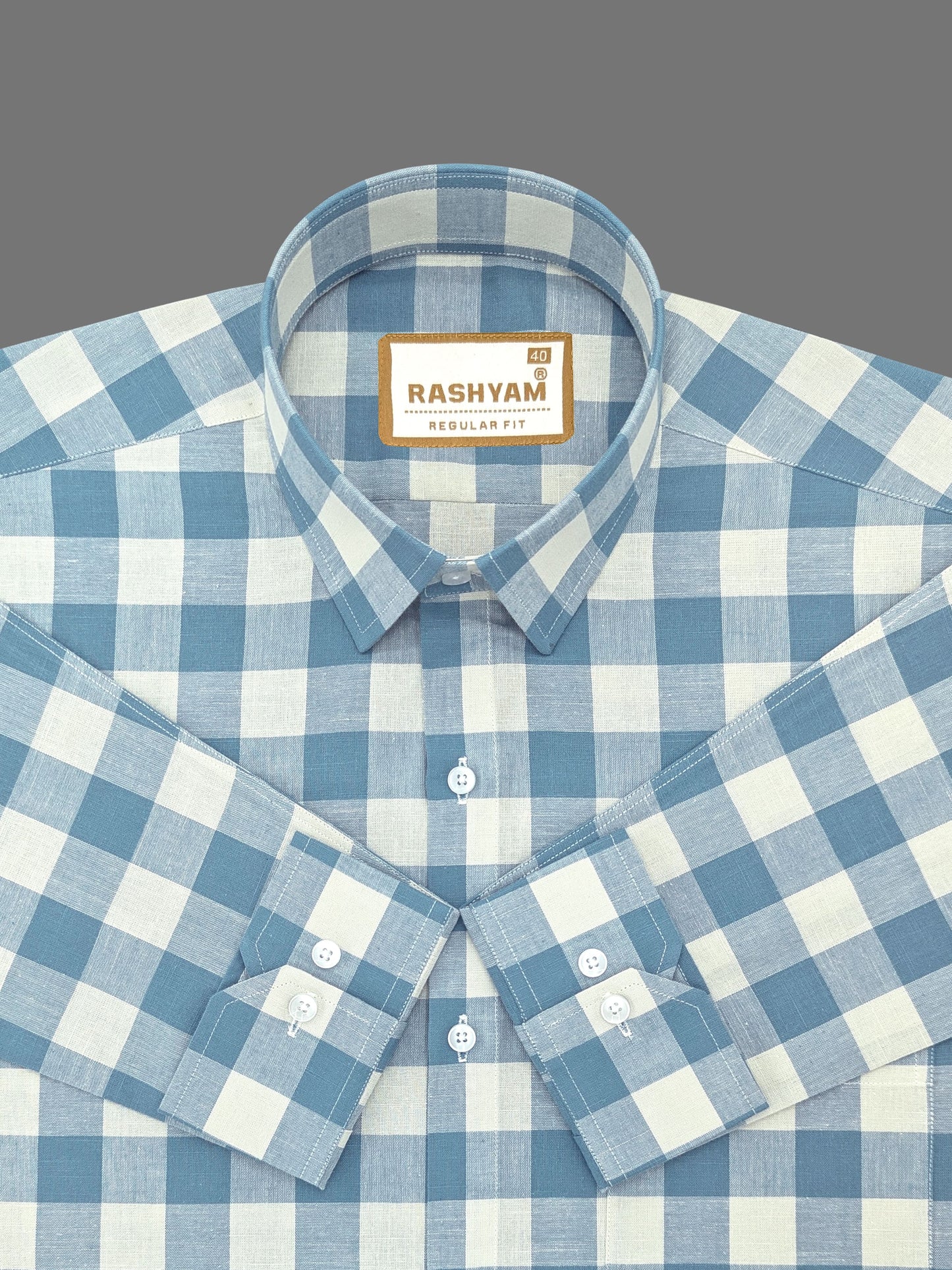 Luxurious Italian Linen Cotton Blue With Light Creamy Checks Formal Shirt