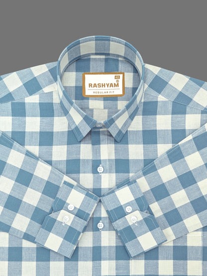 Luxurious Italian Linen Cotton Blue With Light Creamy Checks Formal Shirt