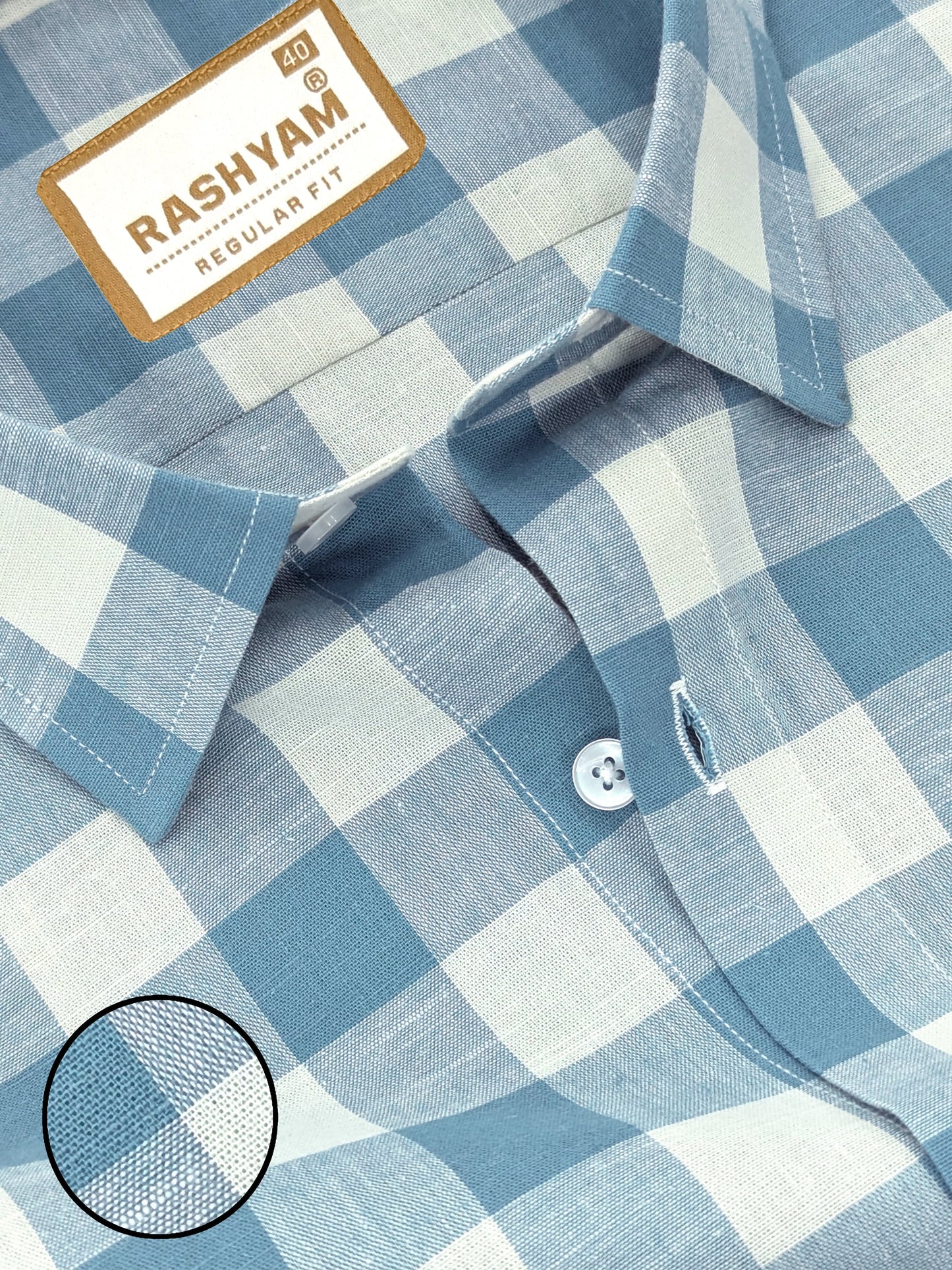 Luxurious Italian Linen Cotton Blue With Light Creamy Checks Formal Shirt