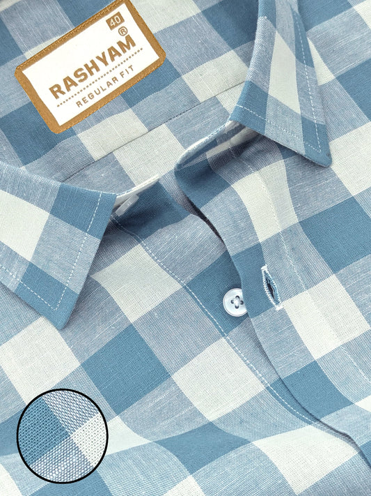 Luxurious Italian Linen Cotton Blue With Light Creamy Checks Formal Shirt