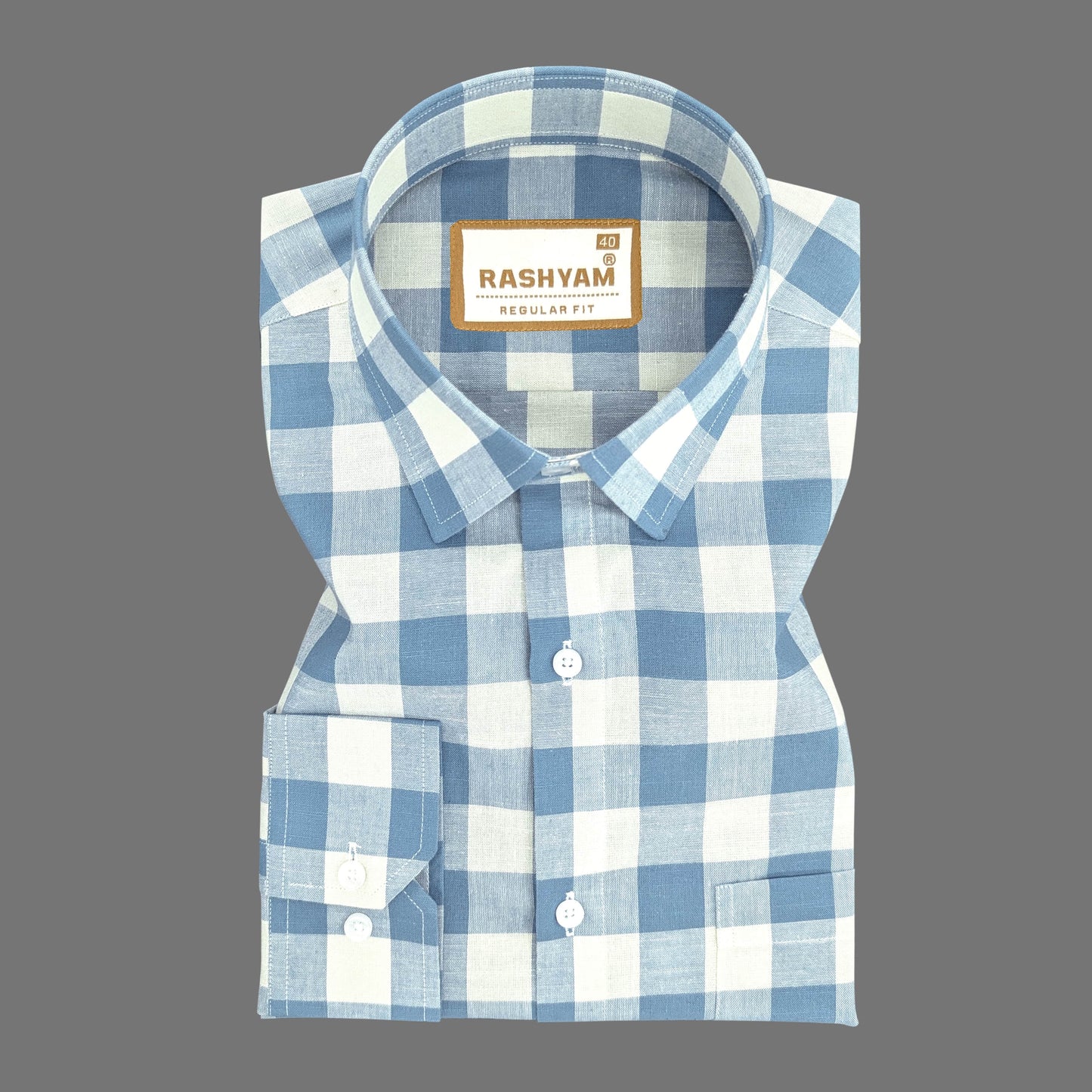 Luxurious Italian Linen Cotton Blue With Light Creamy Checks Formal Shirt