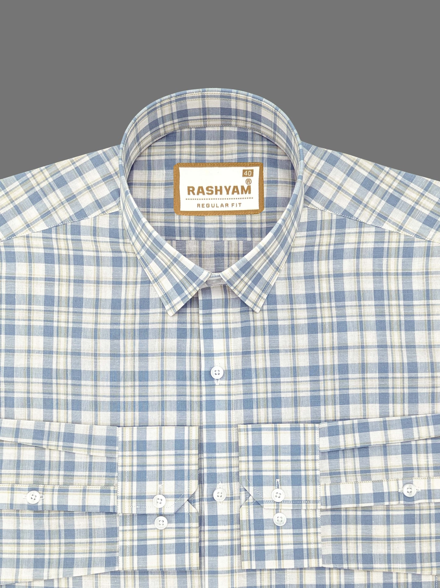 Premium Linen Cotton Bluish With Yellow Checks Formal Shirt For Men