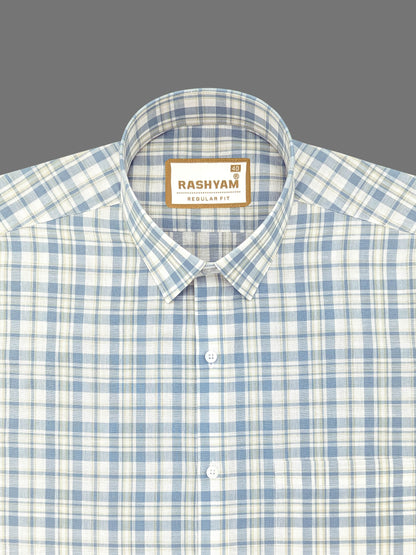 Premium Linen Cotton Bluish With Yellow Checks Formal Shirt For Men