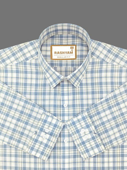 Premium Linen Cotton Bluish With Yellow Checks Formal Shirt For Men