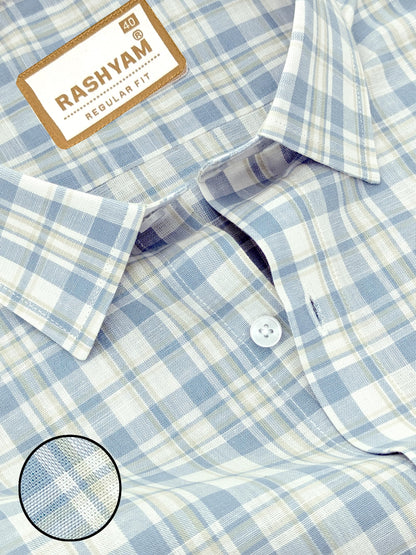 Premium Linen Cotton Bluish With Yellow Checks Formal Shirt For Men