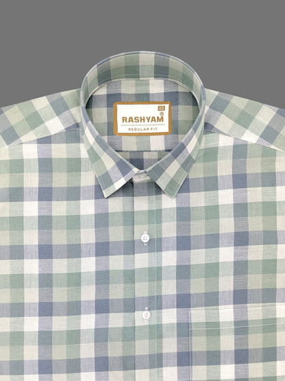 Premium Linen Cotton Nobel Green With Blue Checks Formal Shirt For Men