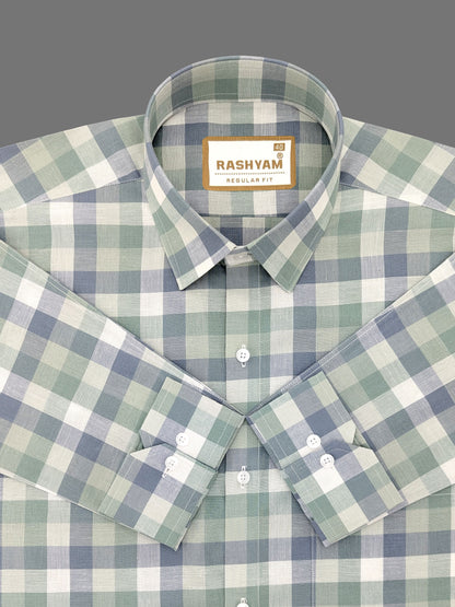 Premium Linen Cotton Nobel Green With Blue Checks Formal Shirt For Men