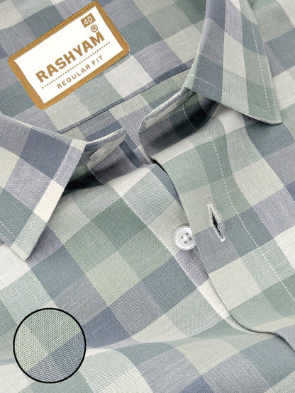 Premium Linen Cotton Nobel Green With Blue Checks Formal Shirt For Men