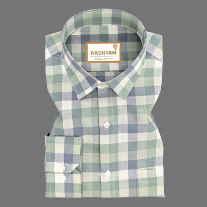 Premium Linen Cotton Nobel Green With Blue Checks Formal Shirt For Men