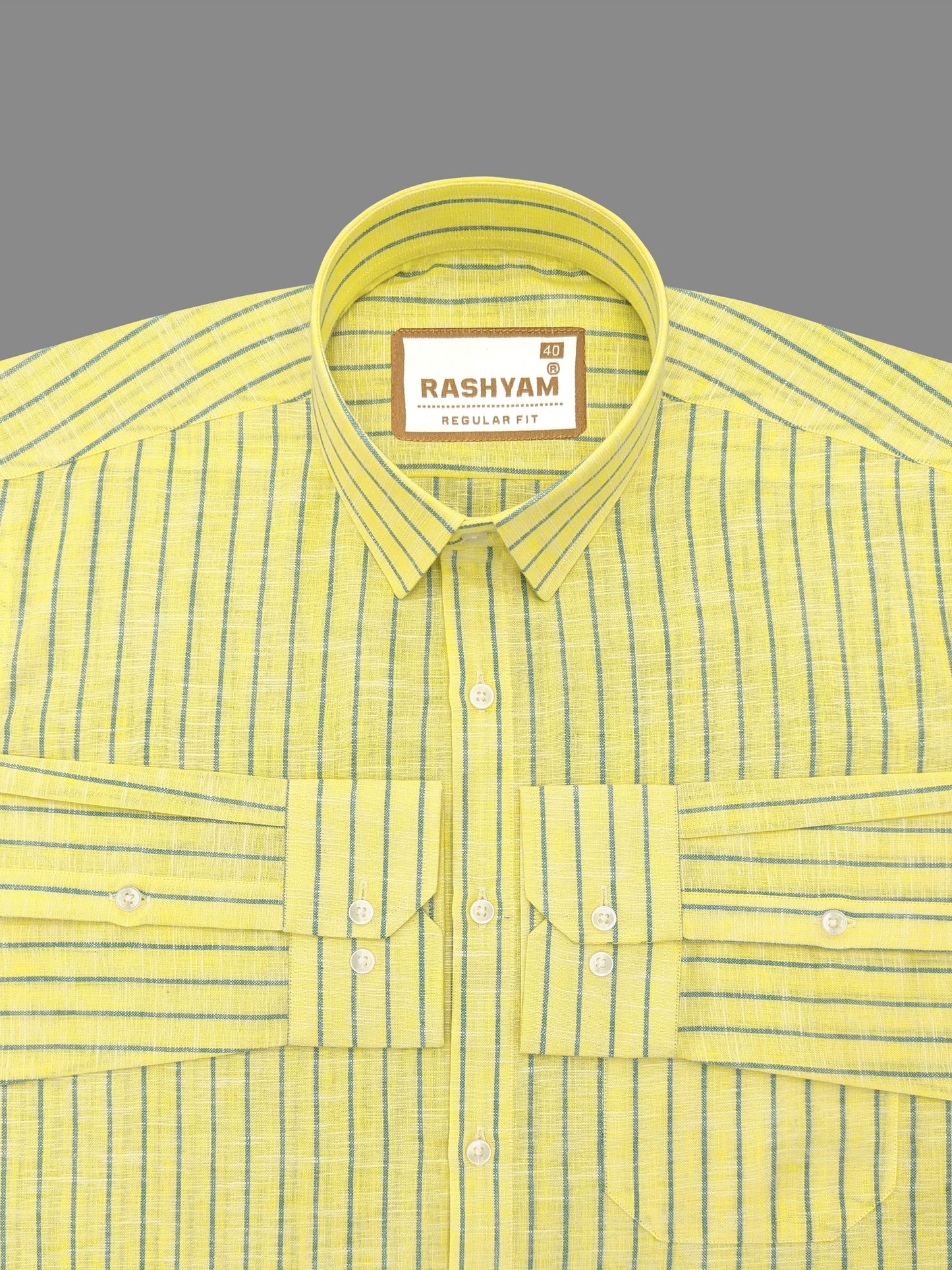 Matera Linen Cotton Yellow With Blue Line Formal Shirt For Men