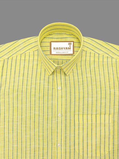 Matera Linen Cotton Yellow With Blue Line Formal Shirt For Men