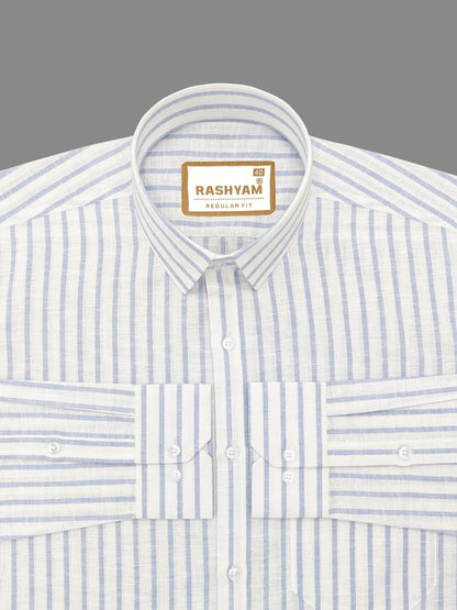 Premium Linen Cotton Light Blue Line On White Shirt For Men