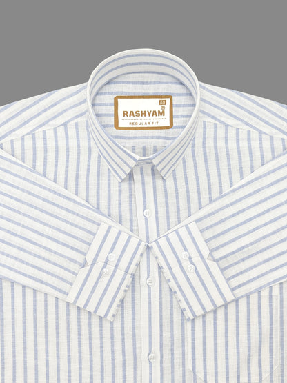 Premium Linen Cotton Light Blue Line On White Shirt For Men