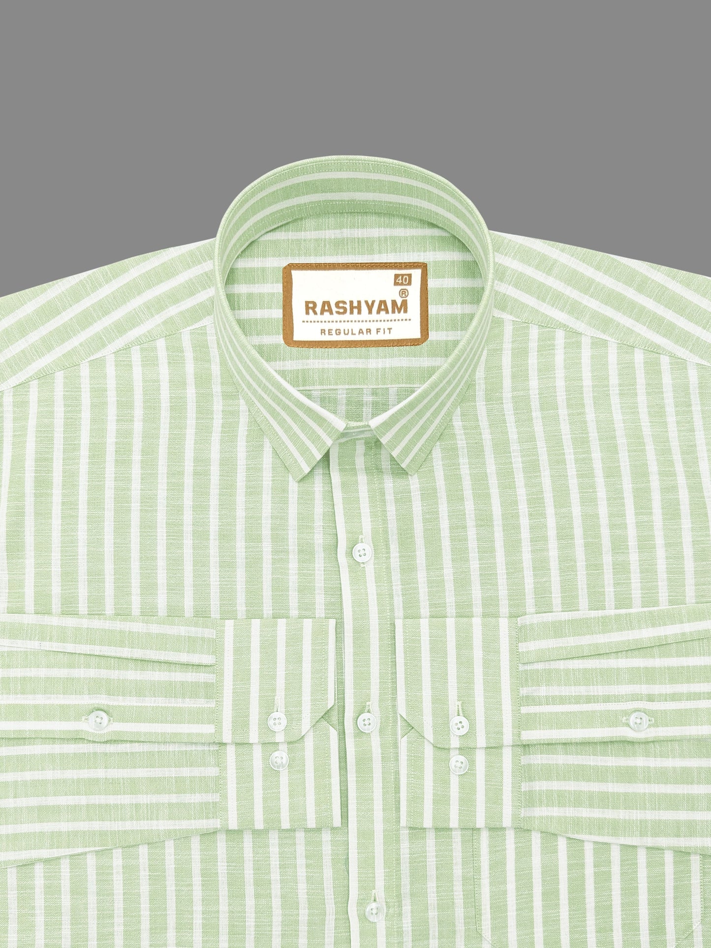 Luxurious Linen Cotton Olivine Green With White Line Shirt For Men