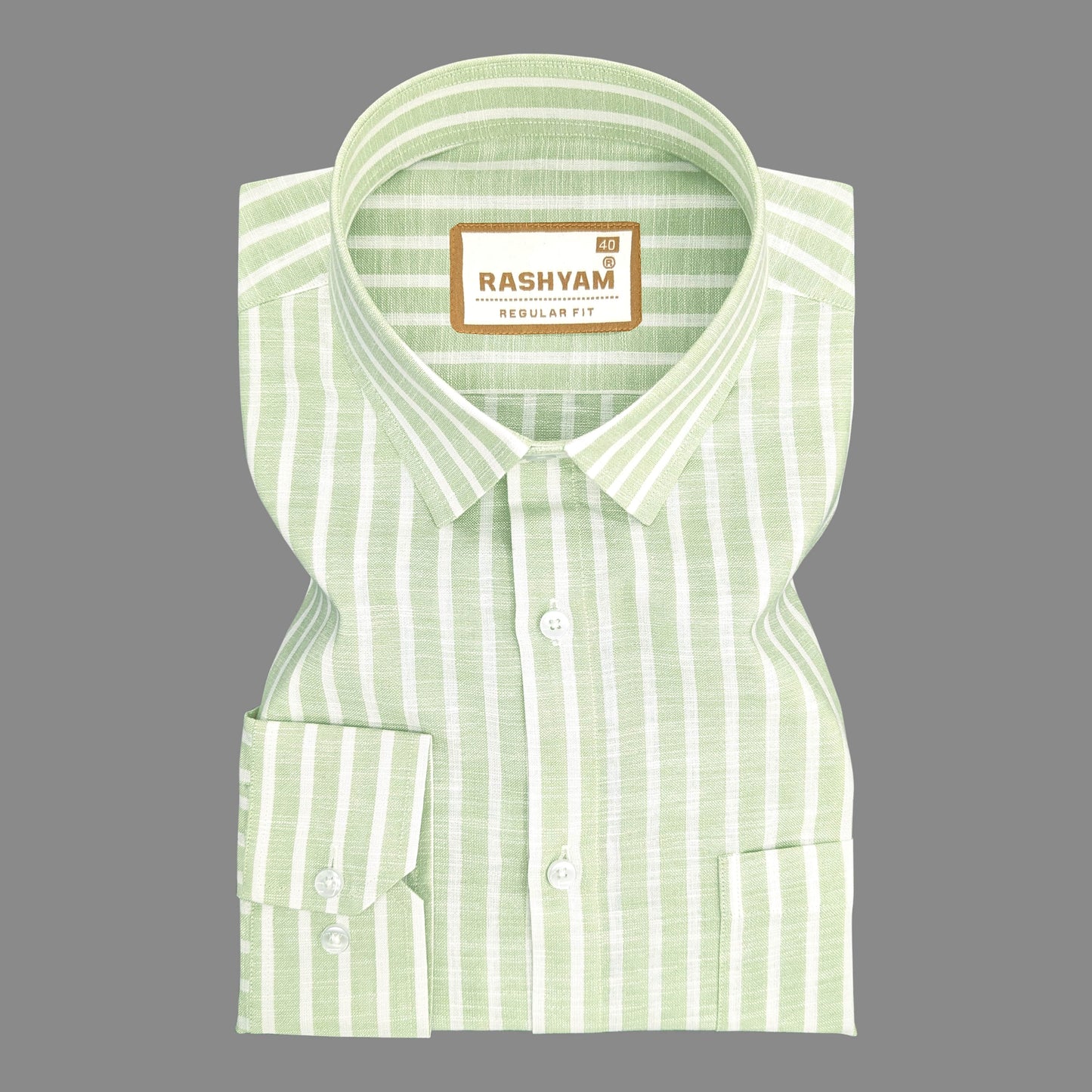 Luxurious Linen Cotton Olivine Green With White Line Shirt For Men