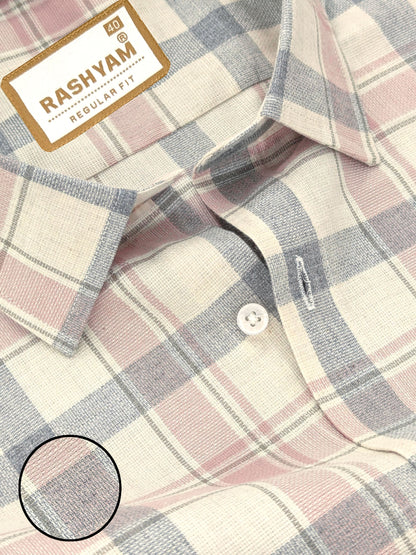 Luxurious Linen Cotton Light Rose With Grey Multi Checks Shirt For Men