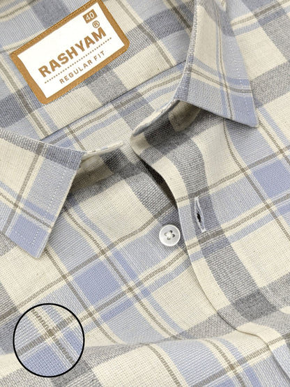 Luxurious linen Cotton Regent Grey With Blue Multi Checks Shirt For Men