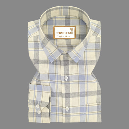 Luxurious linen Cotton Regent Grey With Blue Multi Checks Shirt For Men