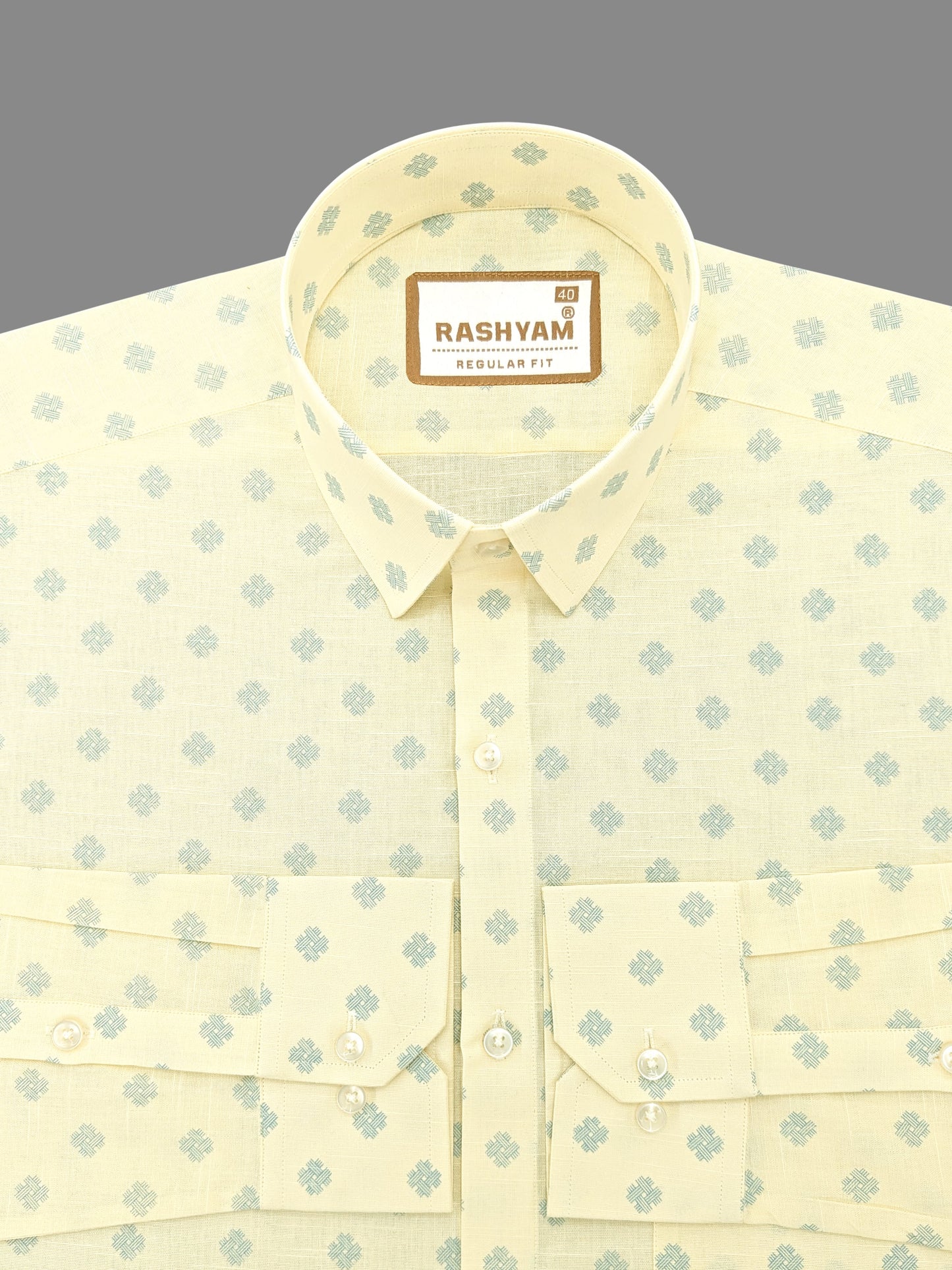 Arezzo Italian Premium Blue Cross Motif Print On Lemon Yellow Formal Shirt For Men