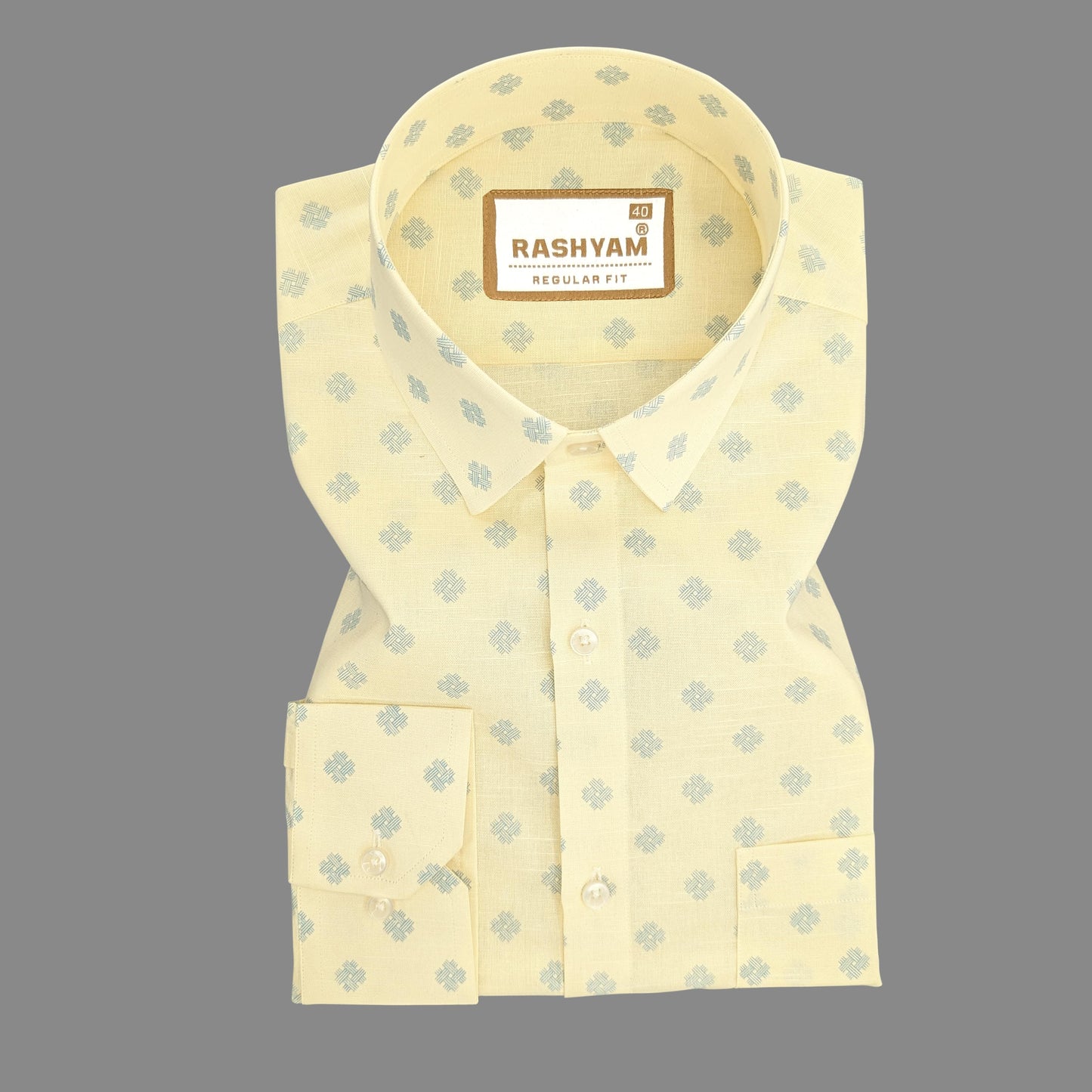 Arezzo Italian Premium Blue Cross Motif Print On Lemon Yellow Formal Shirt For Men