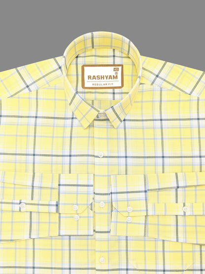 Zodiac Luxury Sky Blue And Black Checks On Lemon Yellow Oxford Cotton Formal Shirt For Men