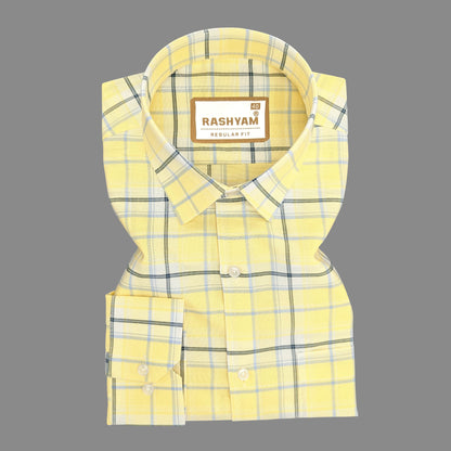 Zodiac Luxury Sky Blue And Black Checks On Lemon Yellow Oxford Cotton Formal Shirt For Men