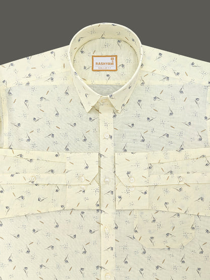 Pescara Italian Linen Cotton Creamy Yellow With Blue Blossom Printed Shirt