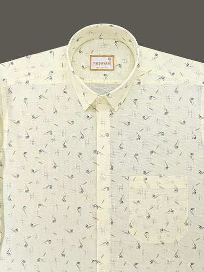 Pescara Italian Linen Cotton Creamy Yellow With Blue Blossom Printed Shirt