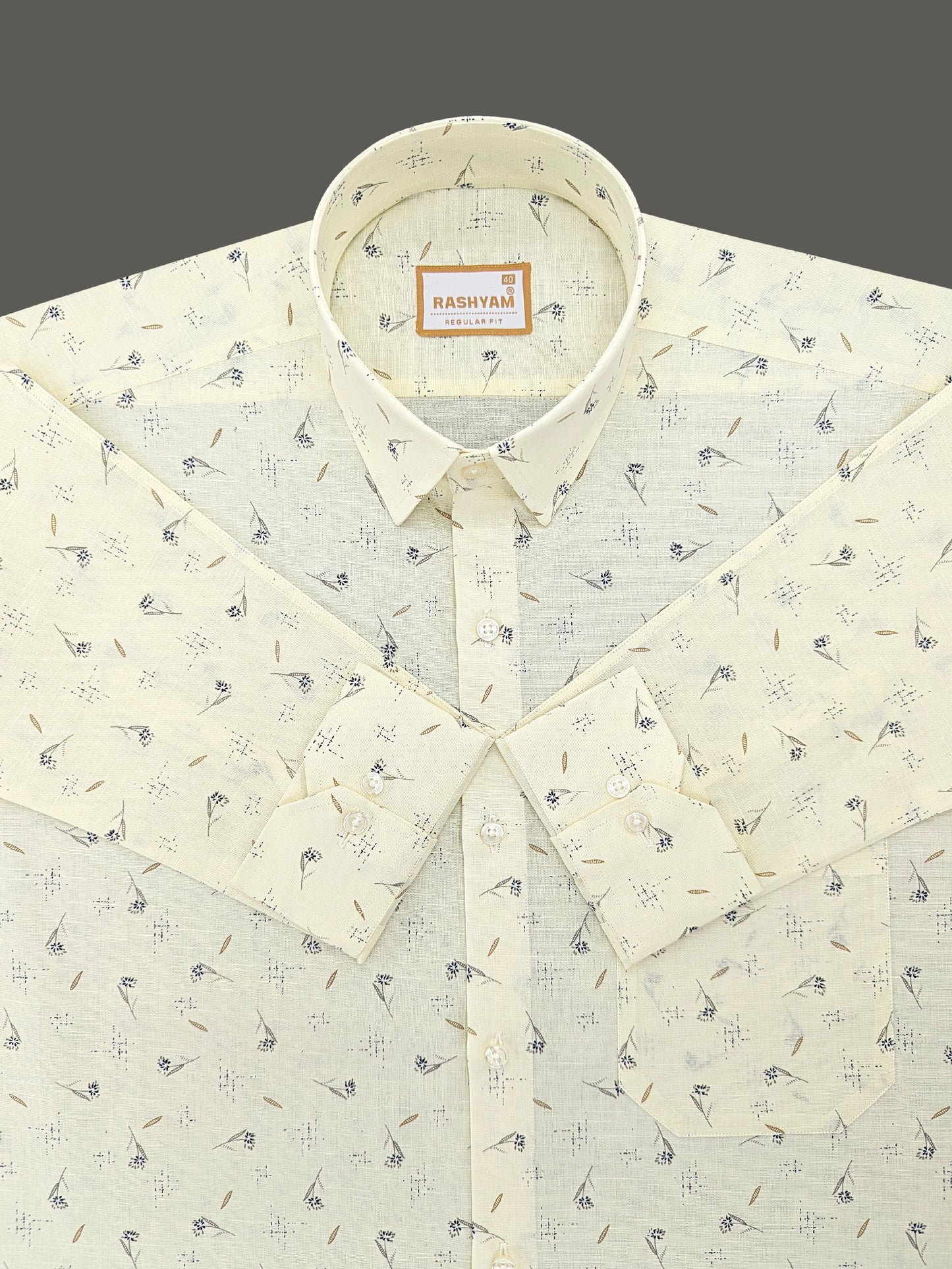 Pescara Italian Linen Cotton Creamy Yellow With Blue Blossom Printed Shirt