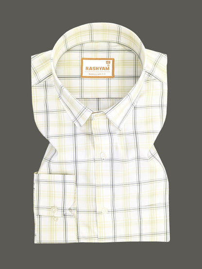 Faenza Premium Cotton Cream and Black Checks On White Formal Shirt For men