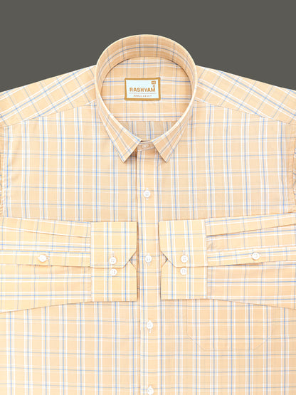 Faenza Premium Cotton Blue Checks On Peach Formal Shirt For men