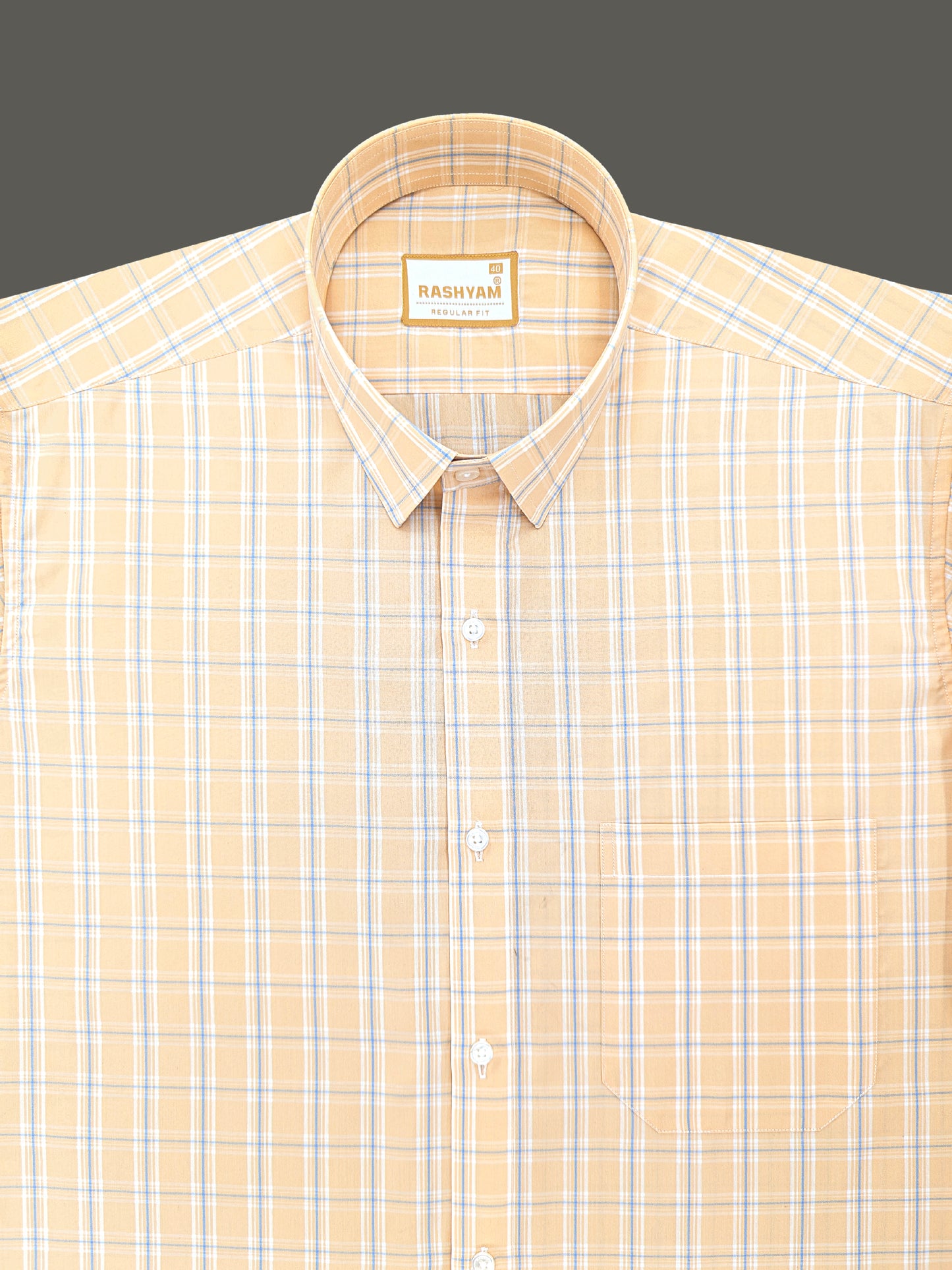 Faenza Premium Cotton Blue Checks On Peach Formal Shirt For men