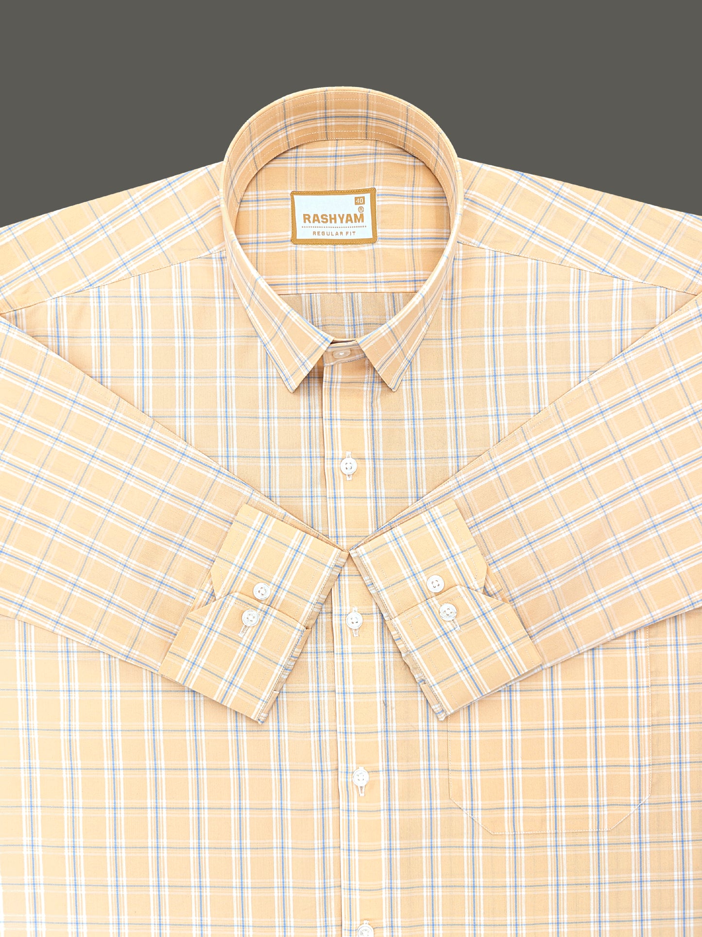 Faenza Premium Cotton Blue Checks On Peach Formal Shirt For men