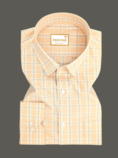 Faenza Premium Cotton Blue Checks On Peach Formal Shirt For men