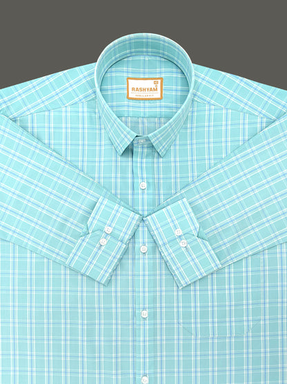 Faenza Premium Cotton Blue Checks On Pixie Green Formal Shirt For men