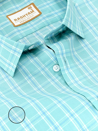 Faenza Premium Cotton Blue Checks On Pixie Green Formal Shirt For men