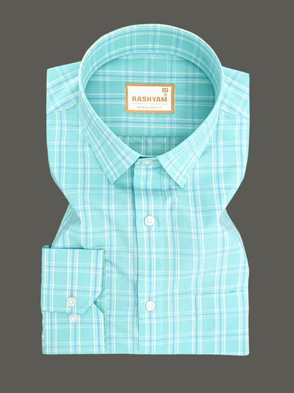 Faenza Premium Cotton Blue Checks On Pixie Green Formal Shirt For men