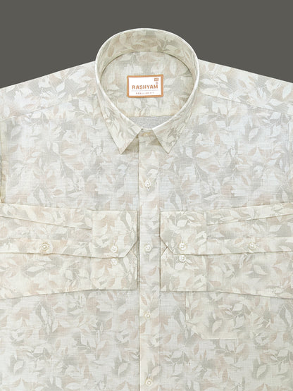 Pescara Italian Linen Cotton Creamy Elegant Foliage Printed Shirt