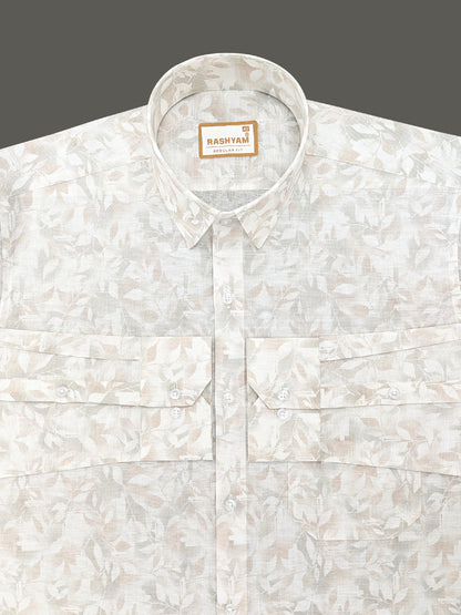 Pescara Italian Linen Cotton Graceful Leaf Print On White Shirt