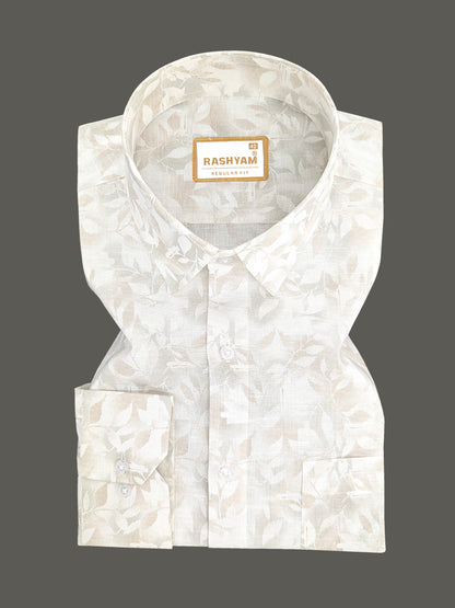 Pescara Italian Linen Cotton Graceful Leaf Print On White Shirt