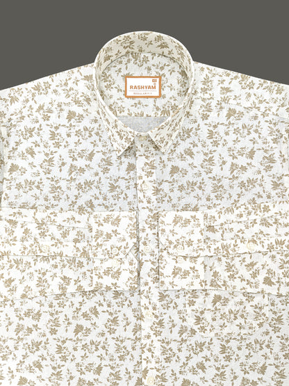 Pescara Italian Linen Cotton Browny Vintage Floral Print On Cream Shirt