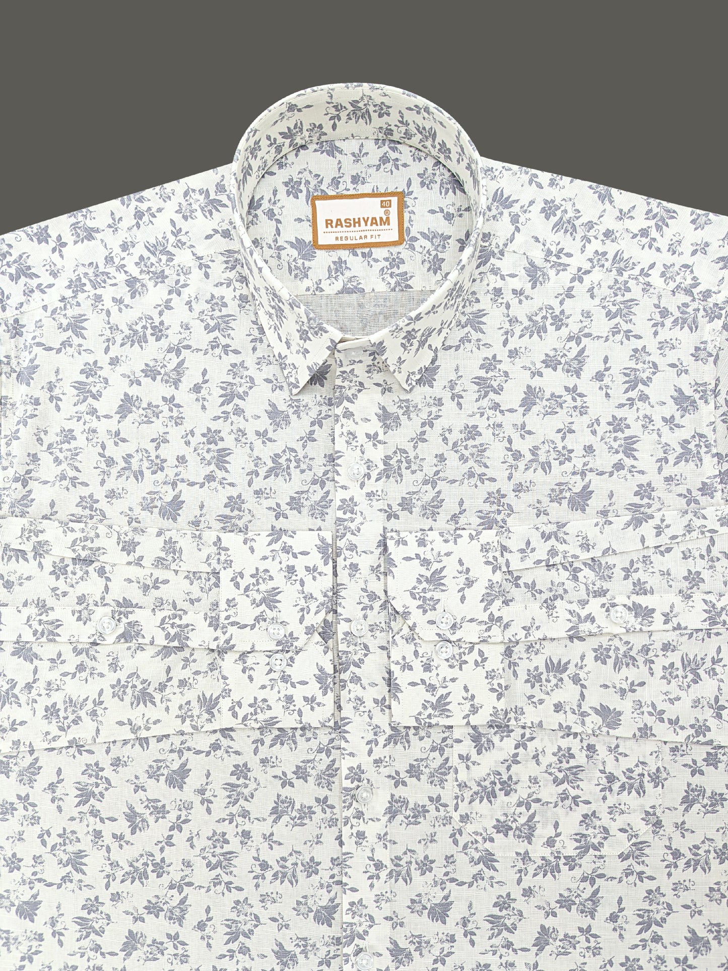 Pescara Italian Linen Cotton Dusty Blue Floral Print On Cream Shirt