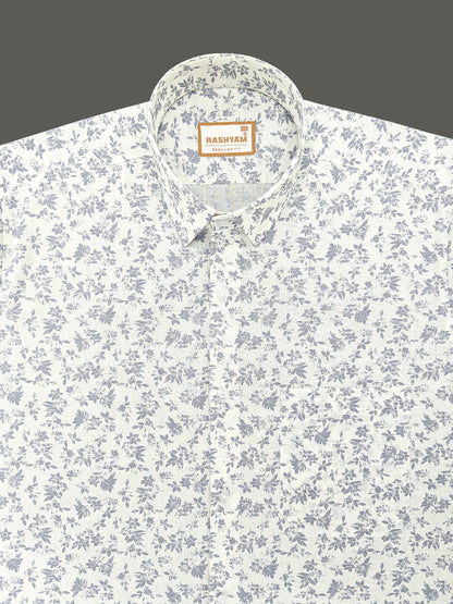 Pescara Italian Linen Cotton Dusty Blue Floral Print On Cream Shirt