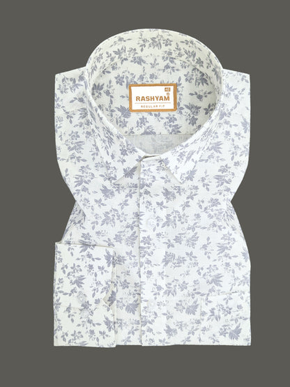 Pescara Italian Linen Cotton Dusty Blue Floral Print On Cream Shirt