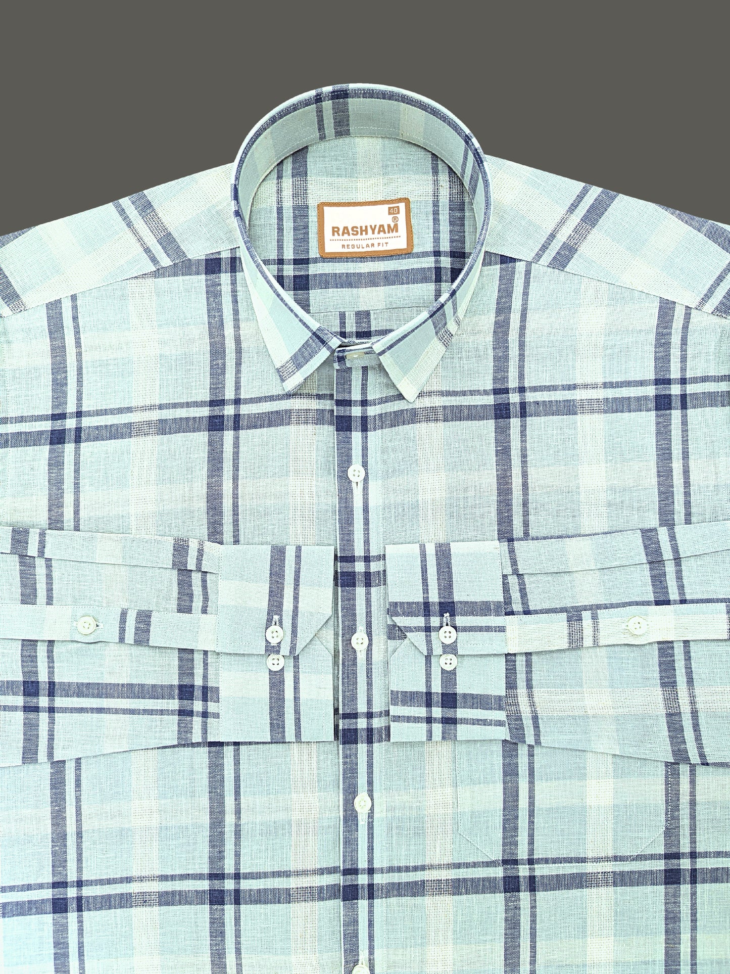 Premium Linen Cotton Greenish Cyan With Blue Checks Shirt For Men